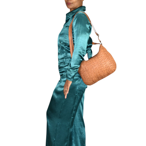 Vilenca Leather Bag Brown Woven Leather Adjustable Shoulder Curved Braided - Picture 12 of 16